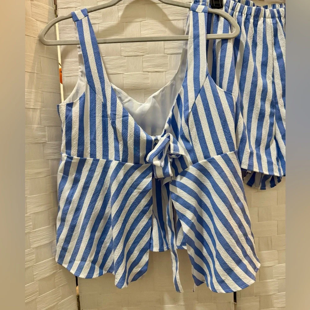 Blue and White Striped Top and Shorts Set